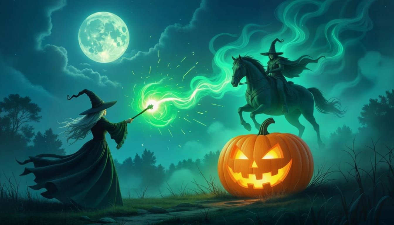 Witch Summons Headless Horseman Under Enchanted Moonlight