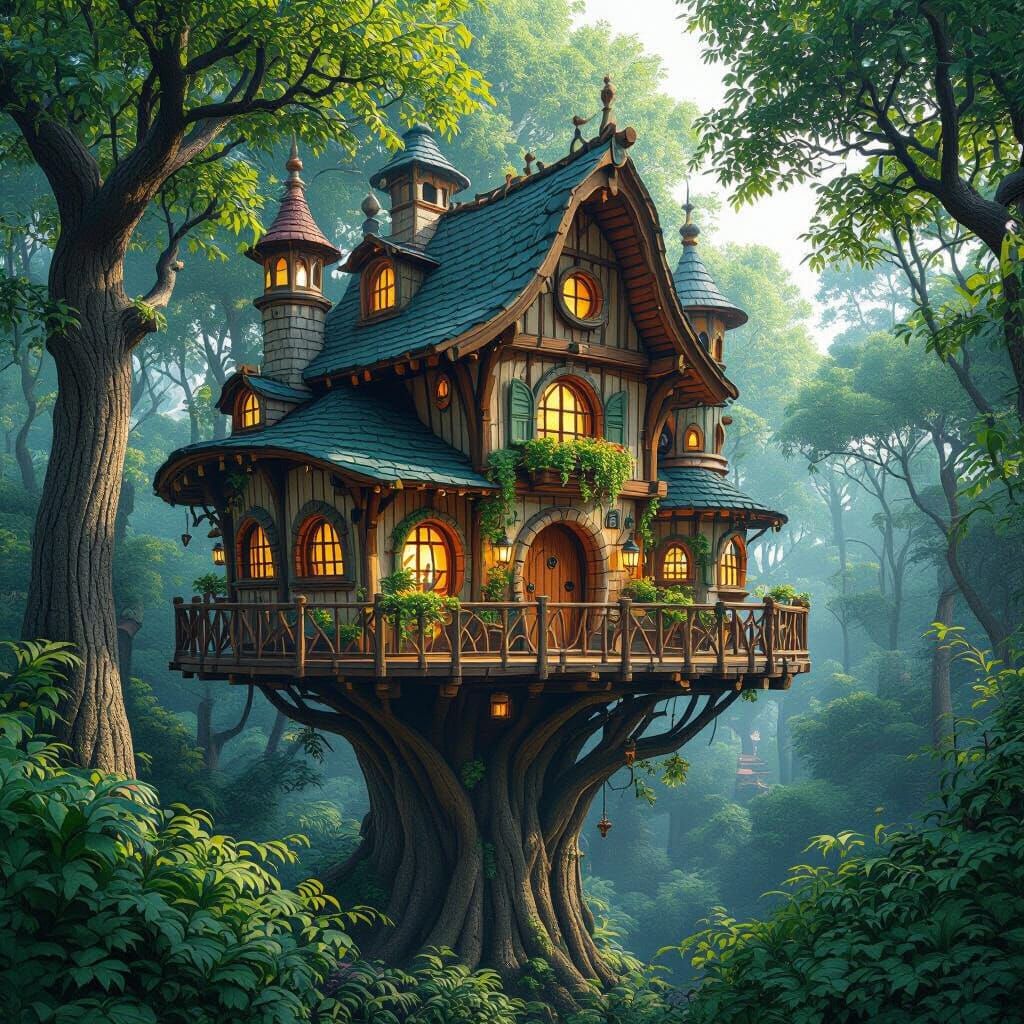 Whimsical Treehouse Village in Lush Forest