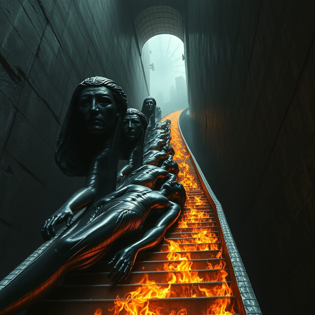 Glowing Bitumen Statues Slide Down a Winding Staircase in Da...