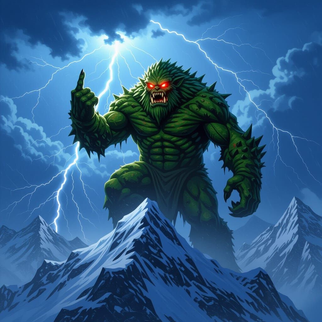 Fearsome Monster Flips Off Sky on Snowy Peak