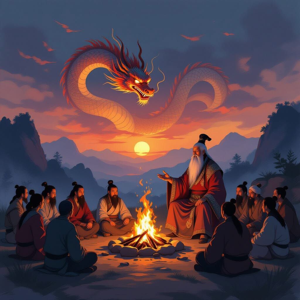 Ancient Chinese Tribes Gather Around Fire at Sunset with Dra...
