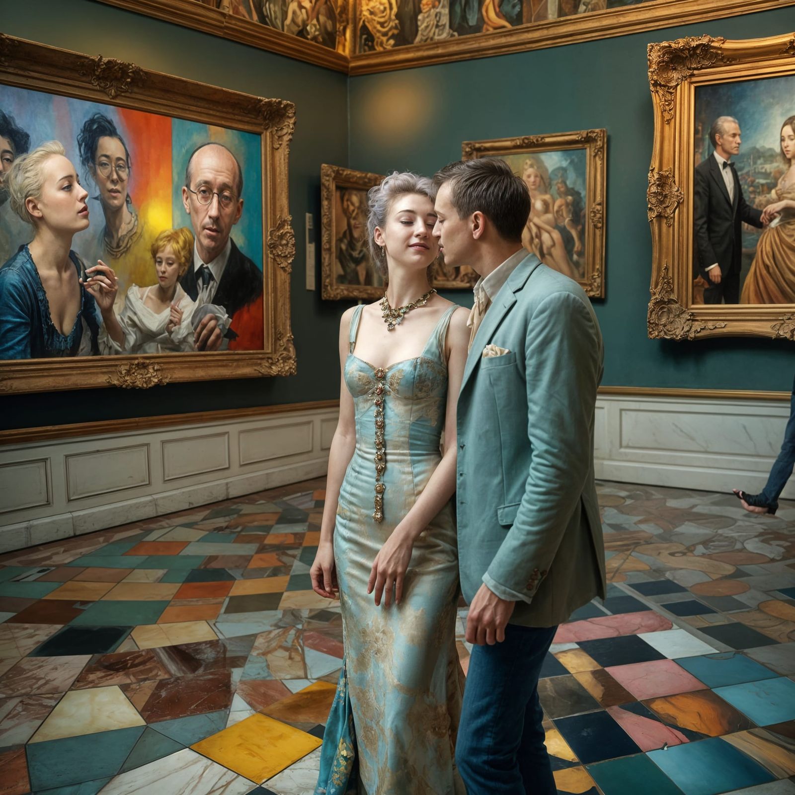 Happy Couples in Art Museum: Hyperrealistic Photography