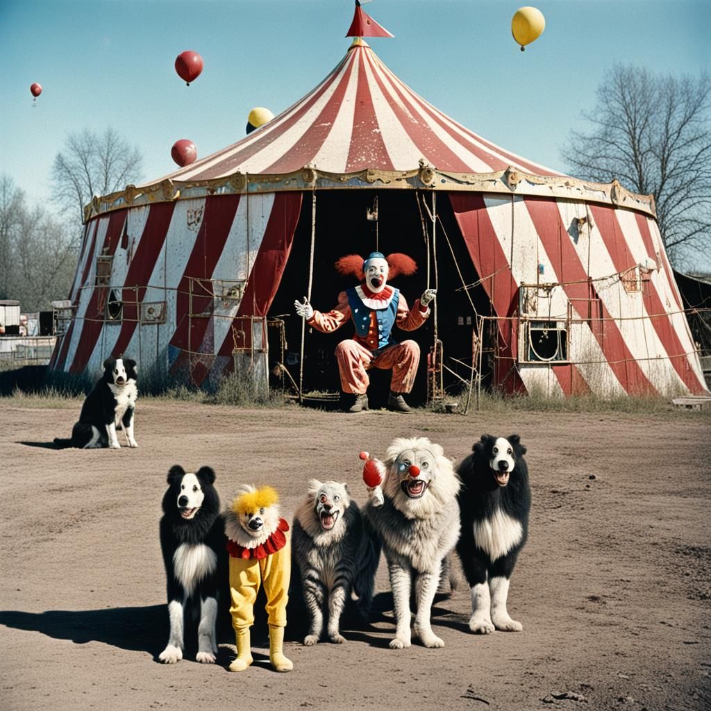 Abandoned Circus with Clowns and Animals: 90s Photo
