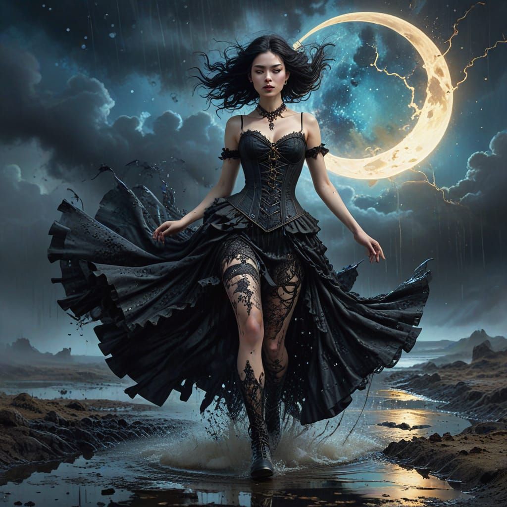 Steampunk Goth Girl in Whimsical Dreamlike Planetscape