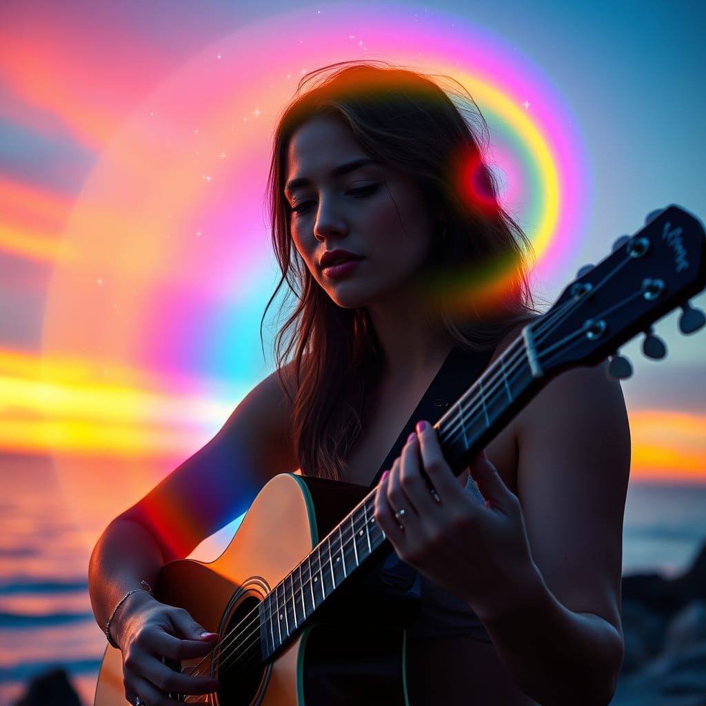 Guitarist on Sunset Coast with Spectral Color Mist