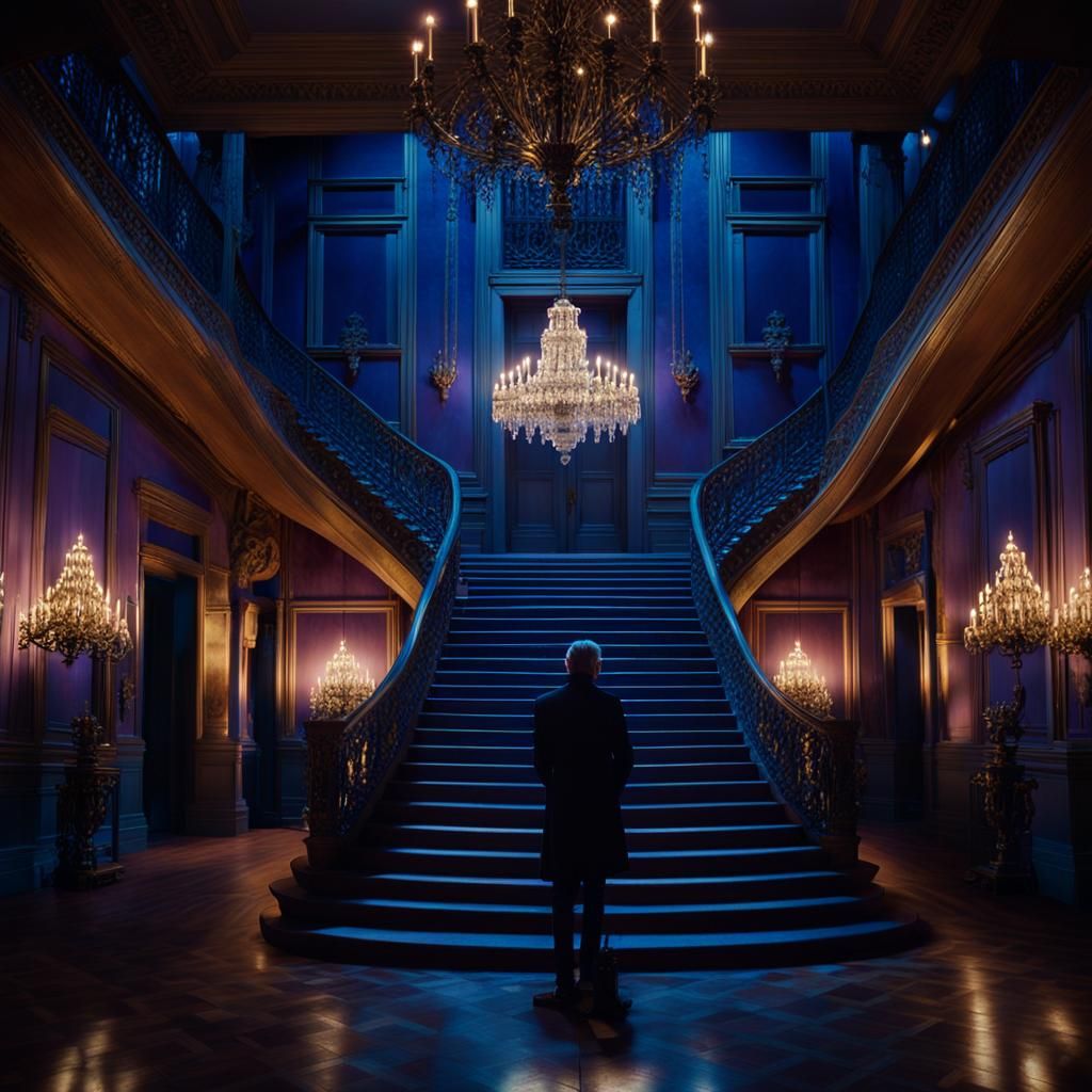 Mansion Staircase at Night in Cinematic Style