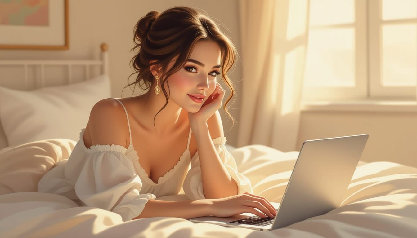 Charming Woman Relaxing on Bed with Laptop