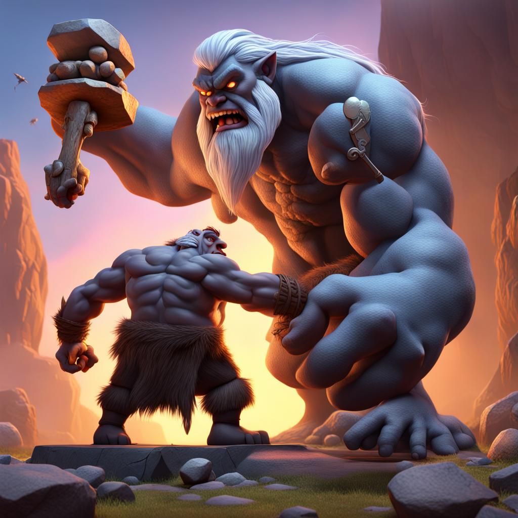 Odin Battles a Stone Troll: 3D Digital Art