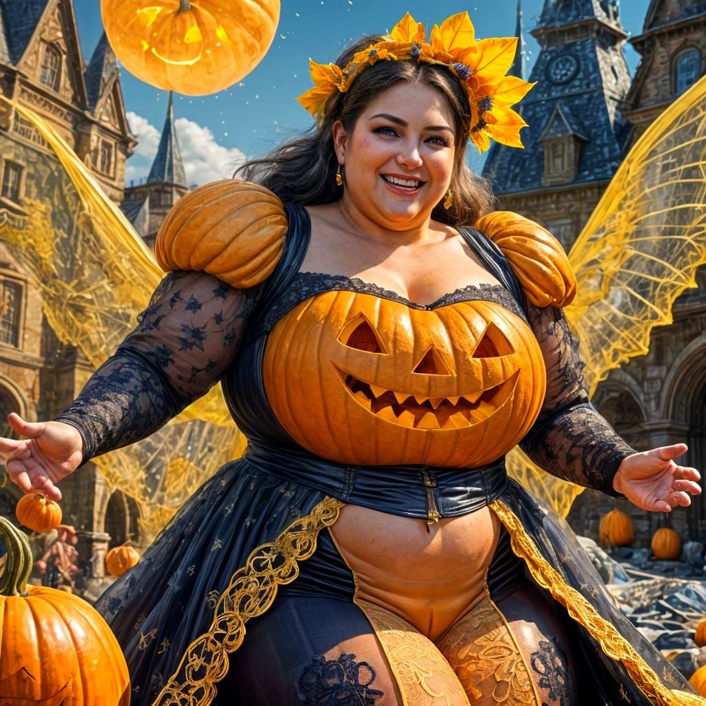 Chubby Witch on Pumpkin in Fantasy Concept Art