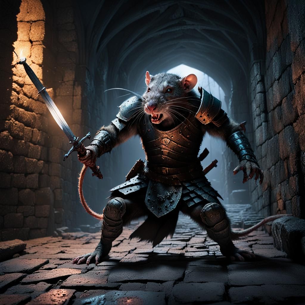 Warrior vs Giant Rat in Gothic Castle Hallway