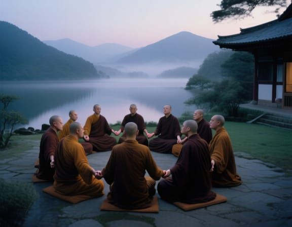 Monks Meditating by Tranquil Lake in Lumina Style