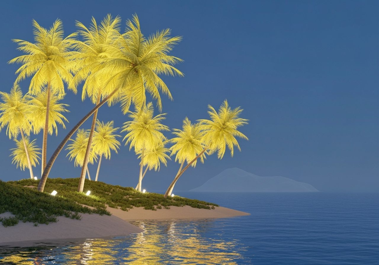 Surreal Tropical Island at Dusk with Golden Palm Trees