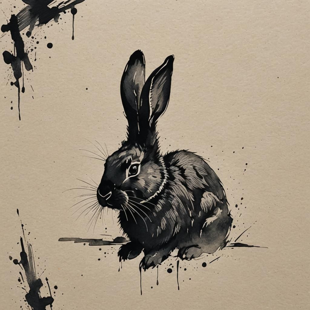 Black Rabbit Headshot in Sumi-e Ink Style
