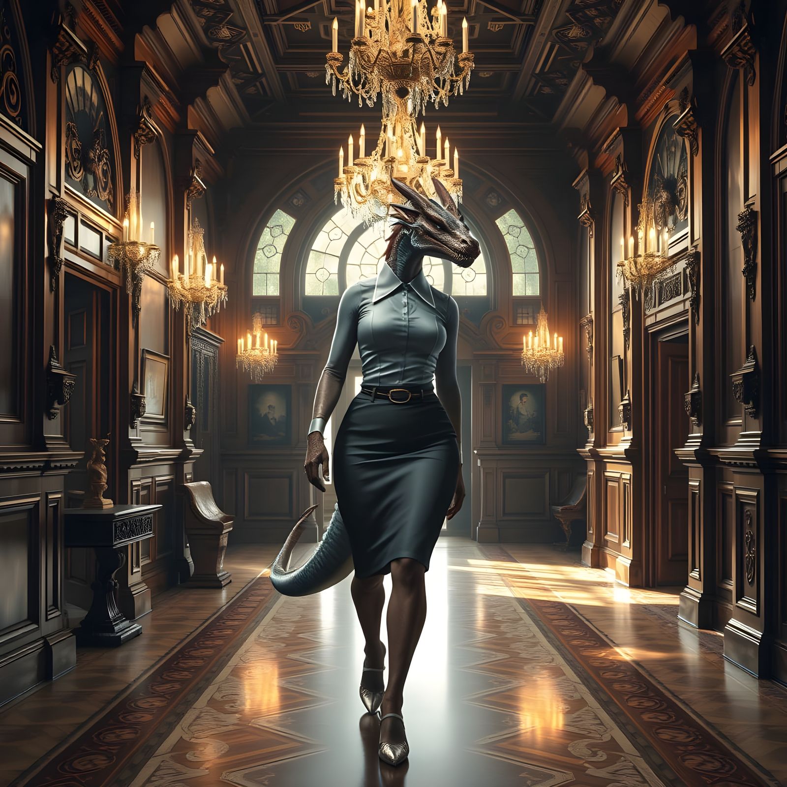 Busty Dragonborn Secretary in Victorian Manor