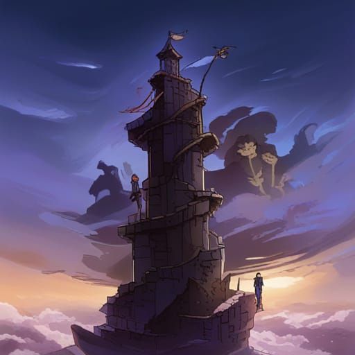 Scarred Mage on Sinking Tower, in Anime Style