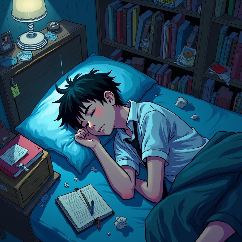 Exhausted Teen Boy Asleep in Cyberpunk Dorm Room