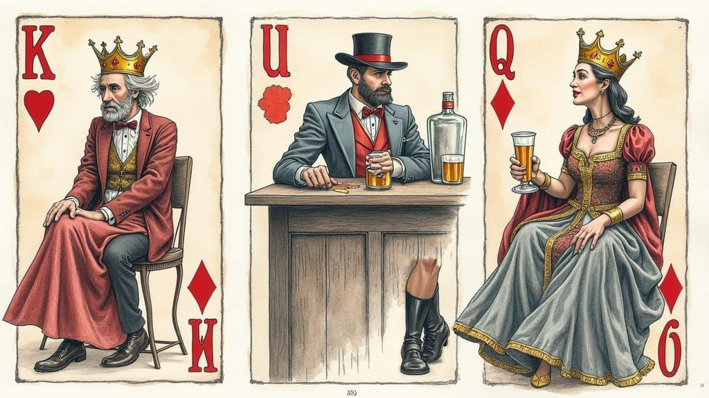King and Queen Cards in a Bar: Surreal Comic Art