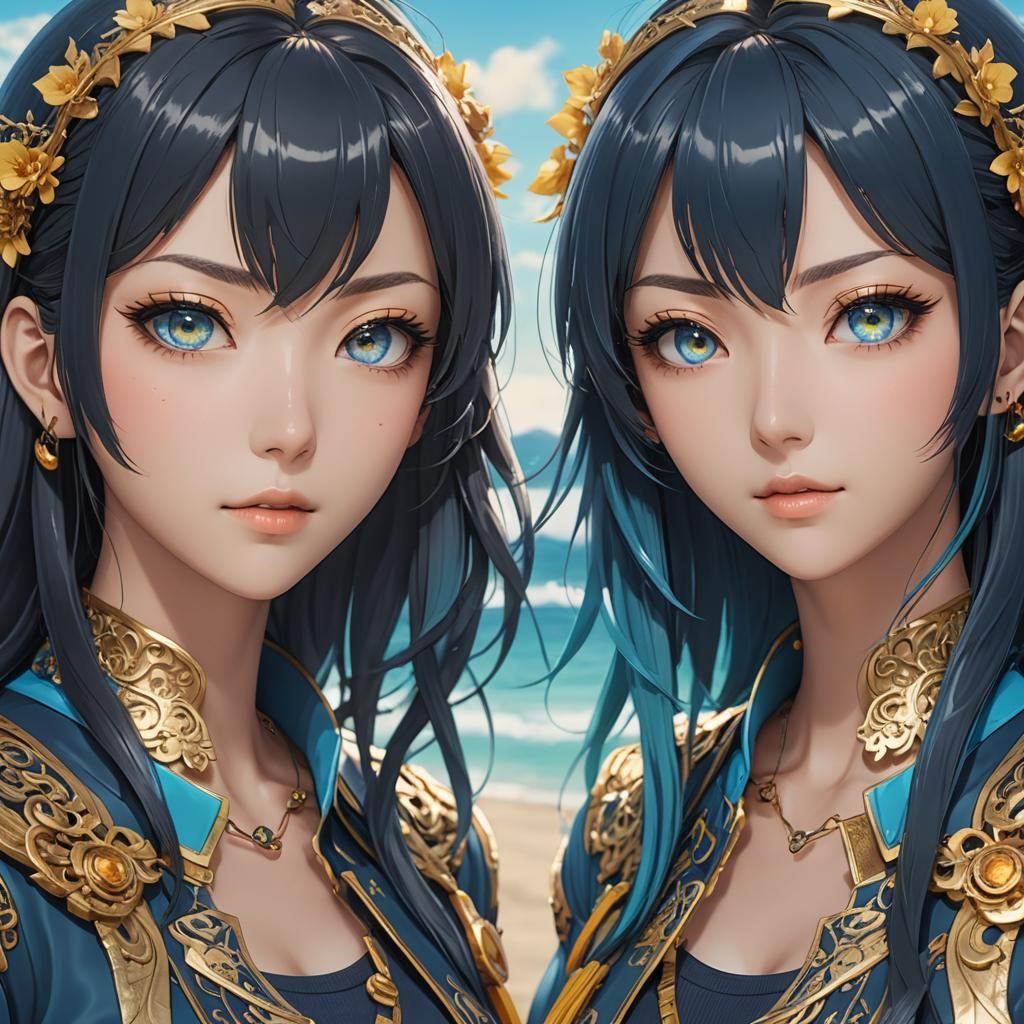 Anime Twins Portrait with Heterochromia in 3D