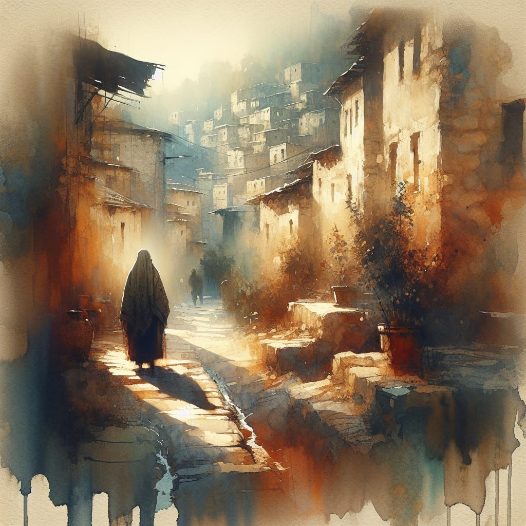 Old village and woman