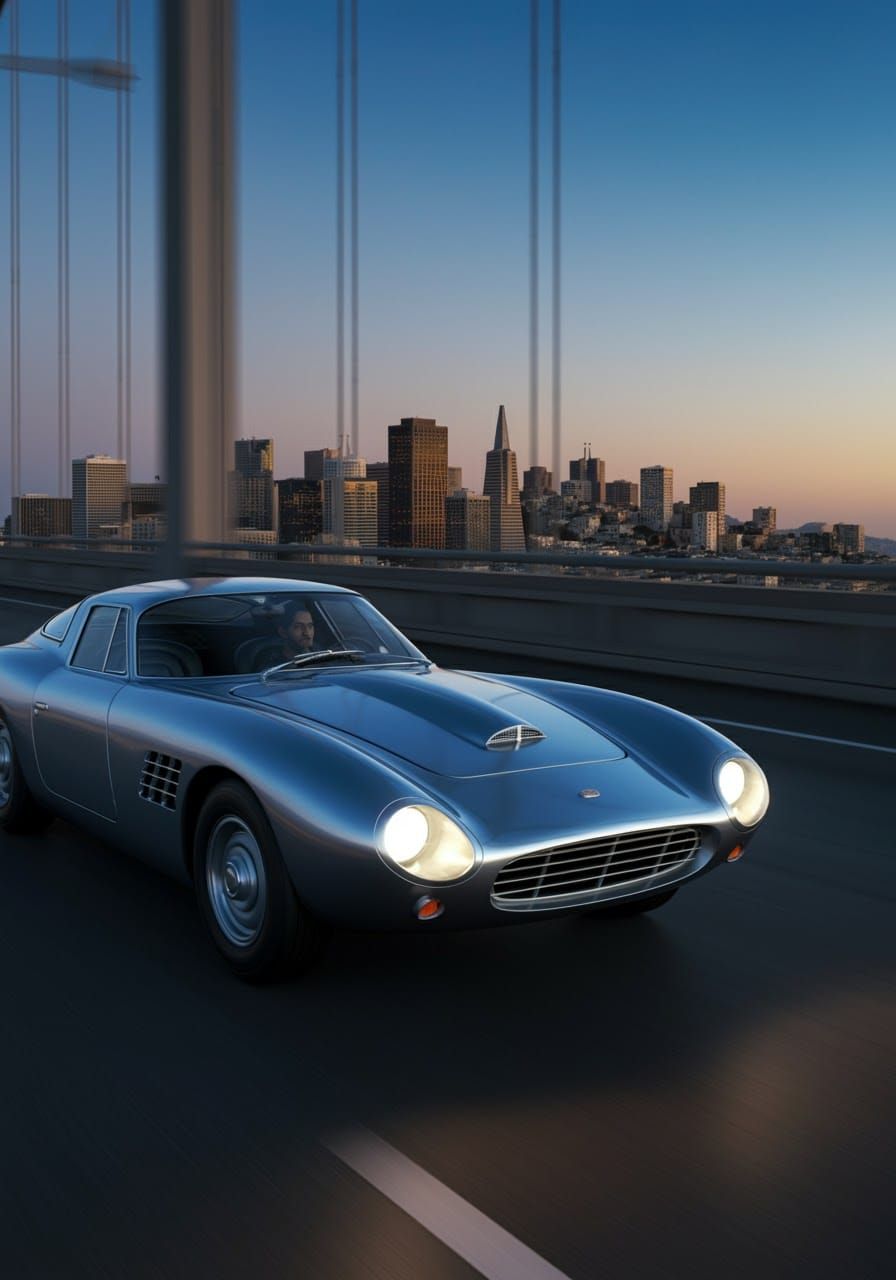 Futuristic Sports Car on Bay Bridge at Sunset