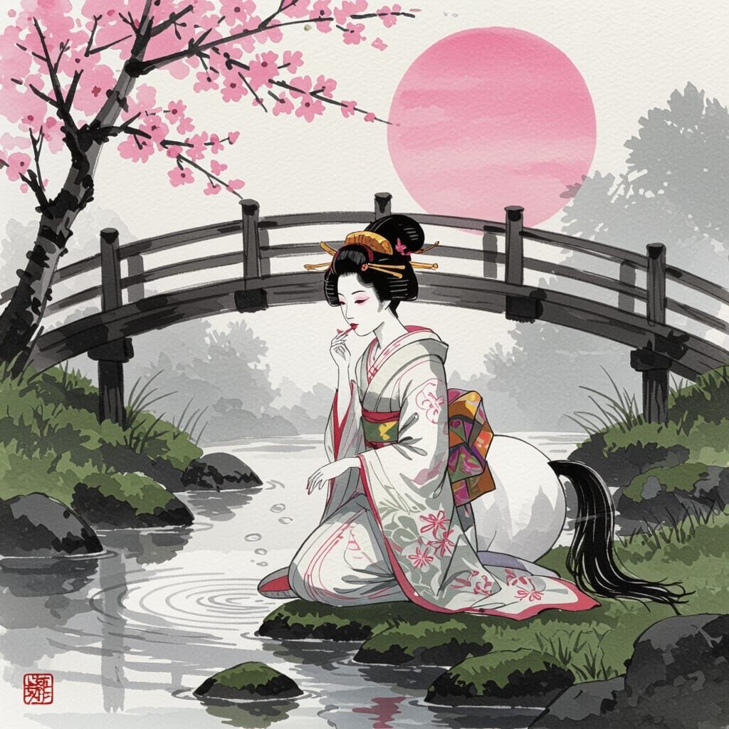 Geisha-Centaur by Riverbank in Japanese Ink Wash Style