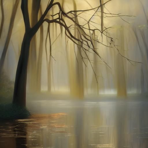 Impressionist River Landscape with Willow in Rain