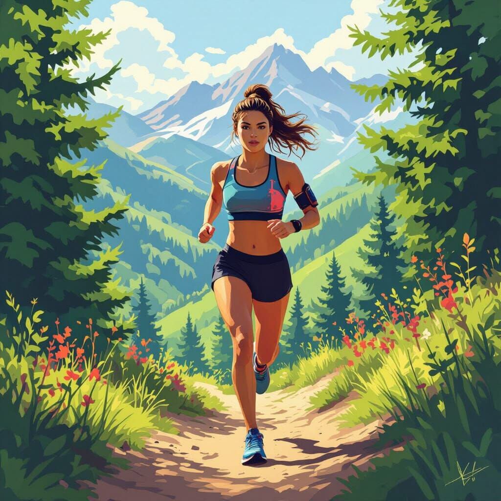 Fit Woman Running on Mountain Trail in Vibrant Style