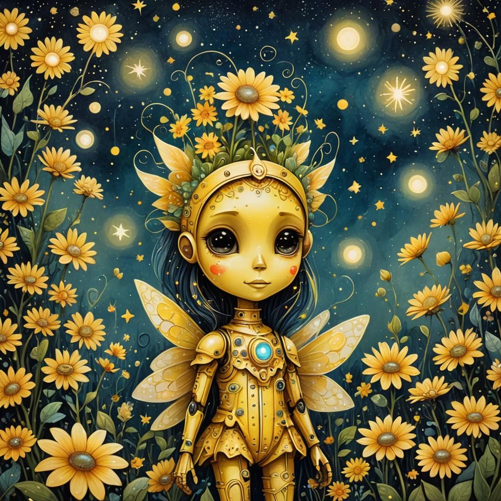 Robot Fairy Growing Magical Flower, Gouache Illustration