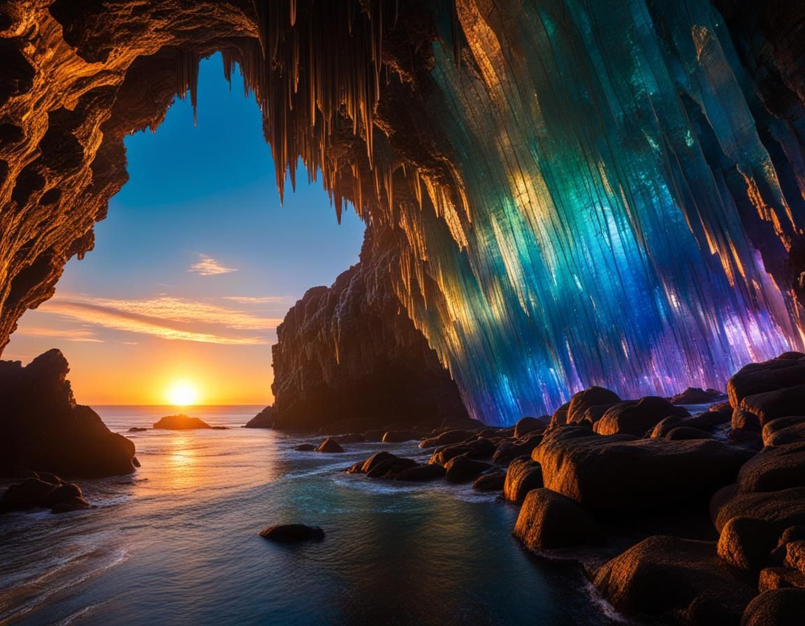 Crystal Cavern with Bioluminescent Formations at Sunset