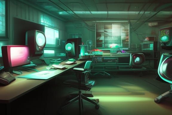 Cyberpunk Hacker's Art Studio with Curved Monitors