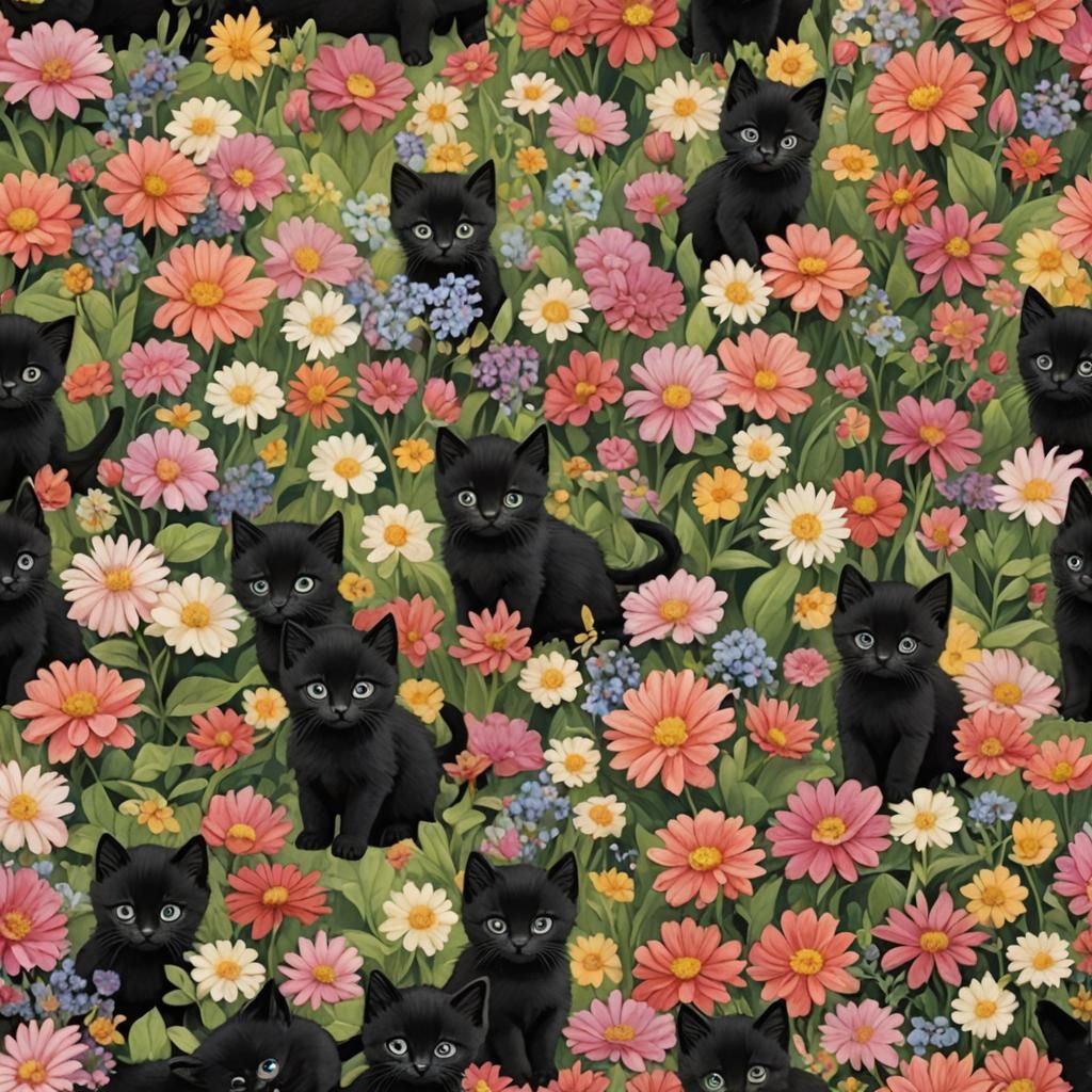 Tiny Black Kittens Surrounded by Flowers