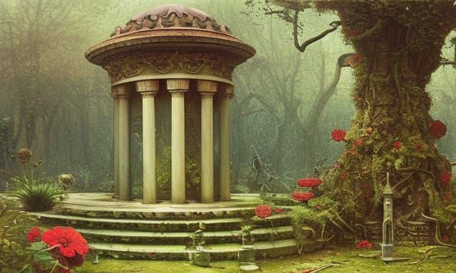 Steampunk Temple Garden Scene: Romantic Architectural Art