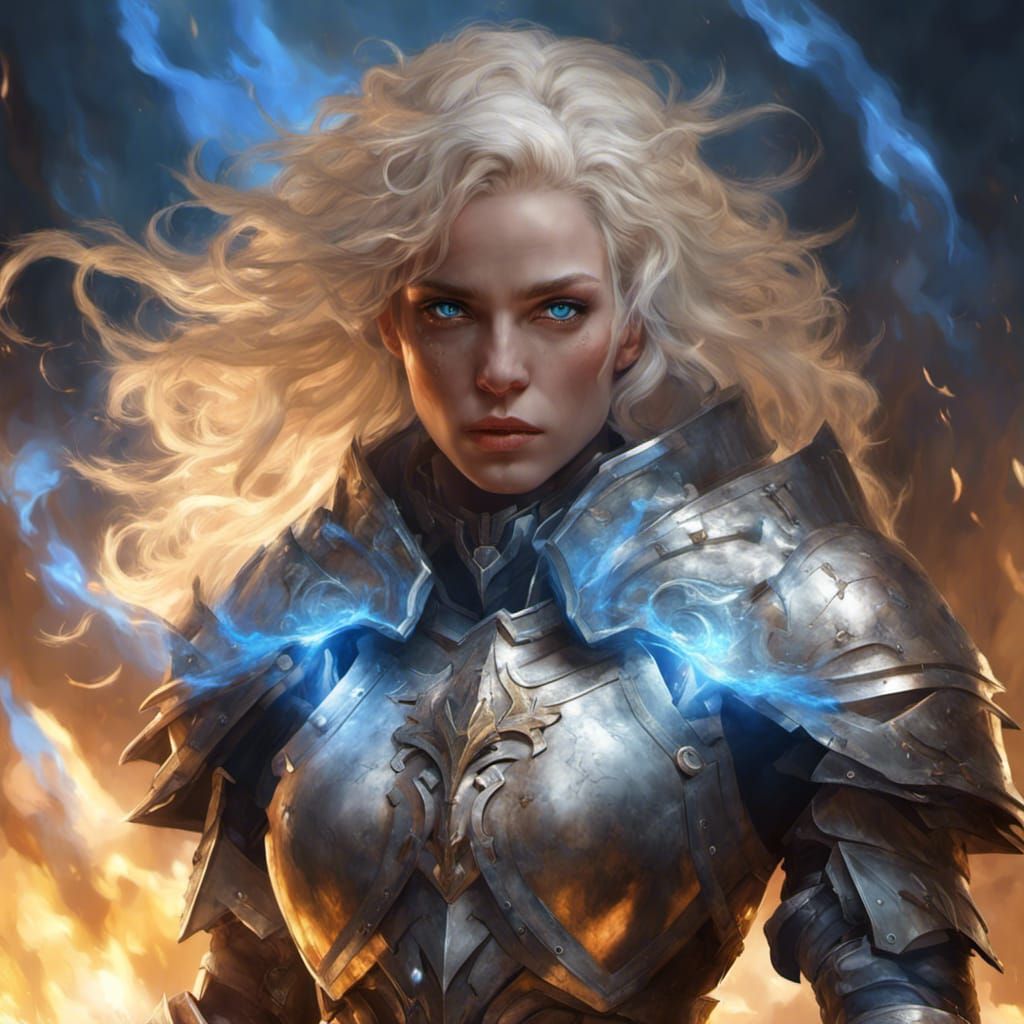 Aasimar Paladin with Blue Flame Halo, Dark Fantasy Art