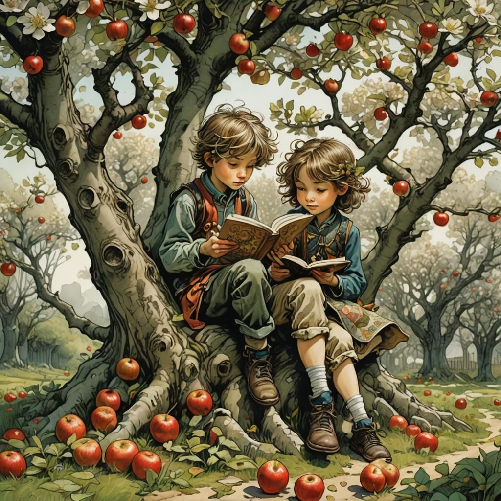 Children Reading Under Apple Tree, Golden Age Illustration