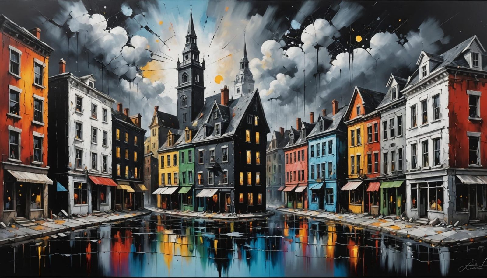 Surreal Oil Painting of Town Emerging from Darkness to Light