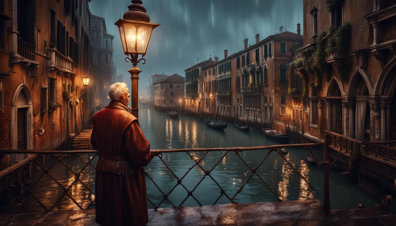 Rainy Night in Venice: An Elderly Man's Reflection