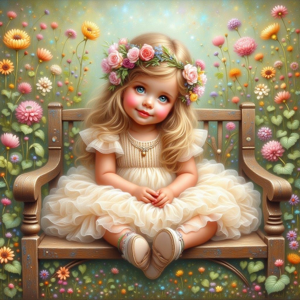 Whimsical Garden Scene: Toddler Girl in Vintage Dress