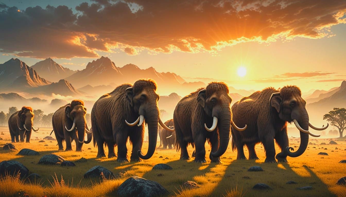 Woolly Mammoths Grazing on Steppe Plains at Sunset