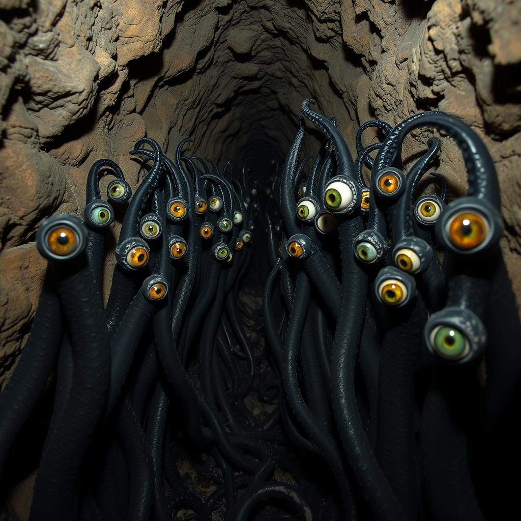 Eyeball Tentacle Mass in Cave Corridor
