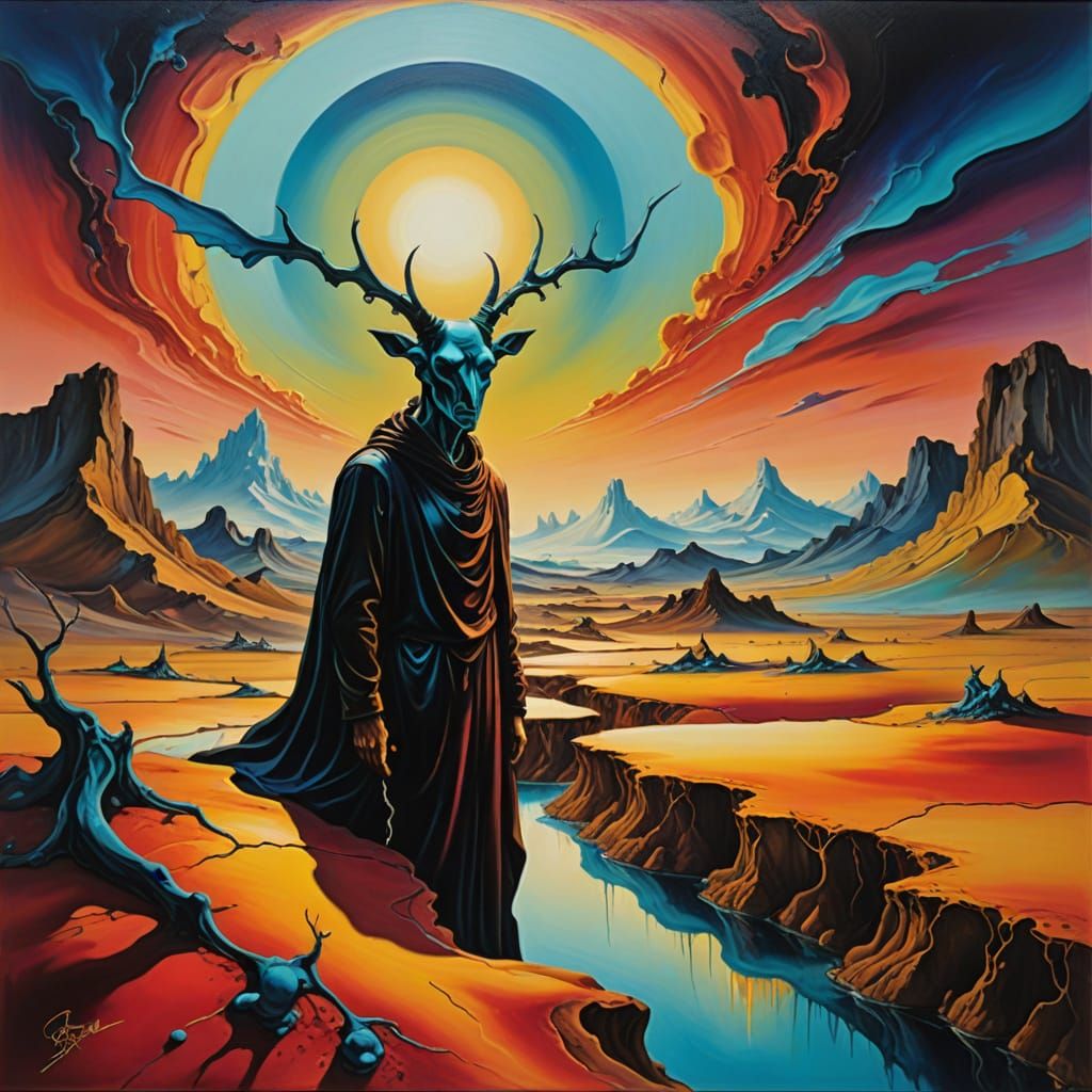 Surreal Winged Figure in a Dreamlike Landscape