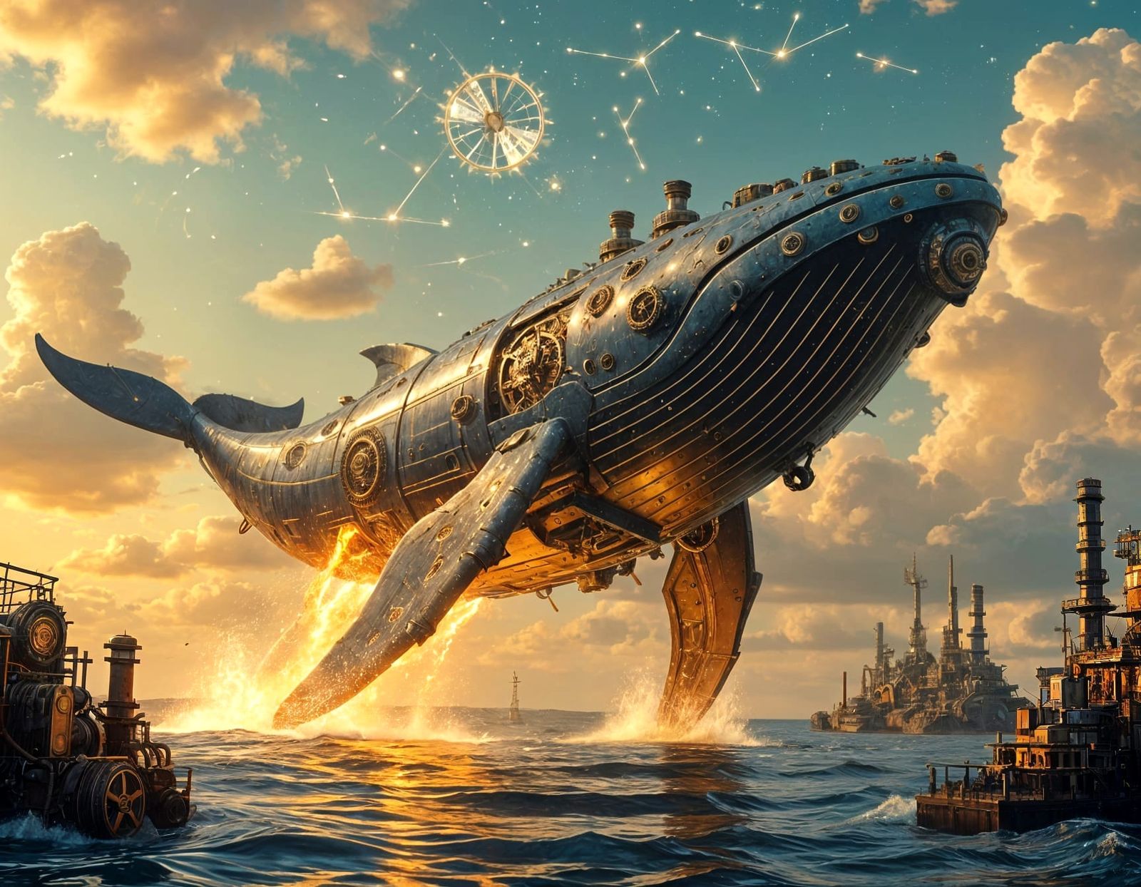 Mechanical Whale Breaches Molten Gold Sea