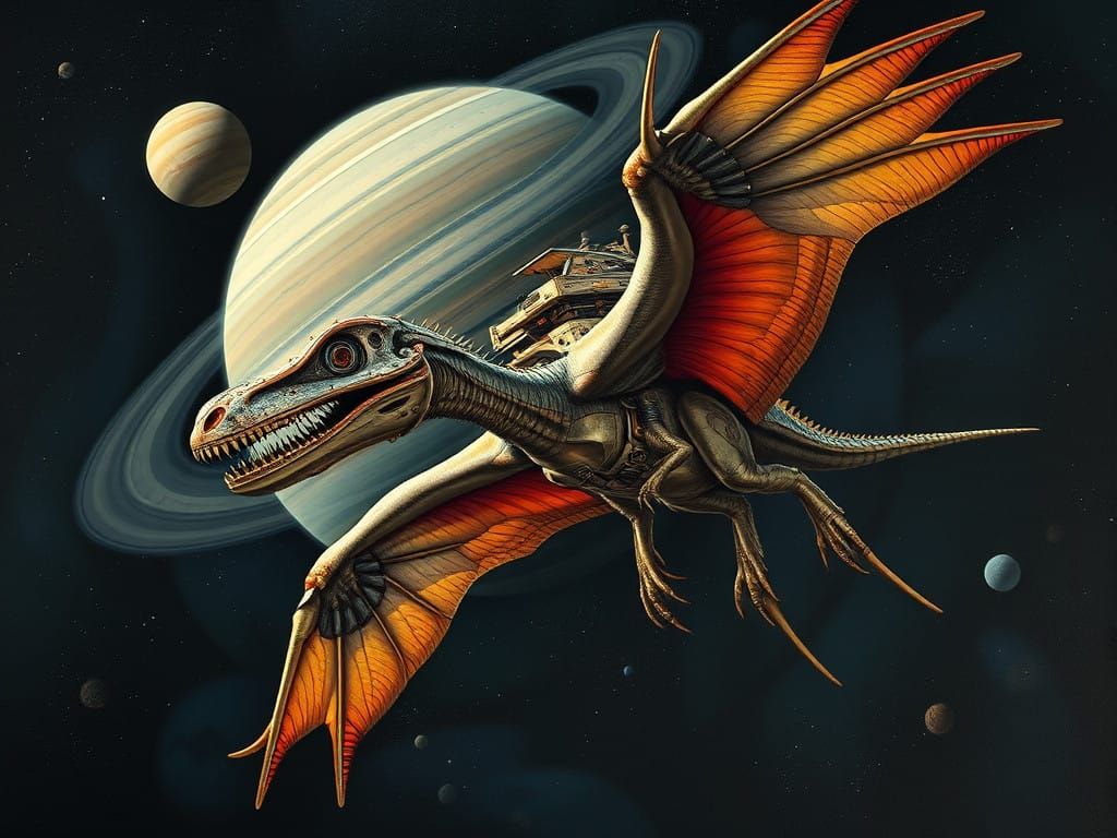 Steampunk Pterodactyl Spaceship Soars Through Saturnian Skie...