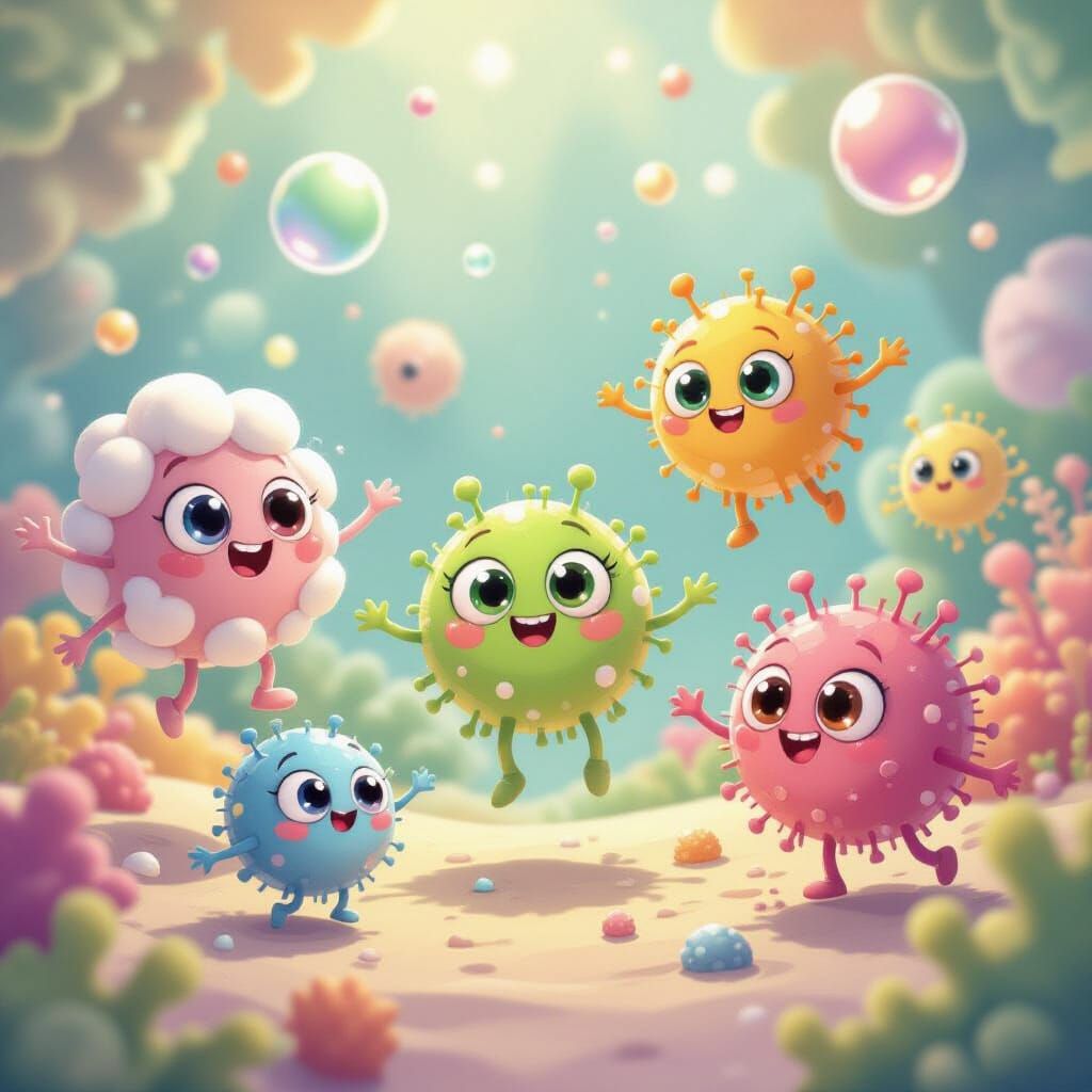 Adorable Cartoon Microbes in a Colorful Microscopic World