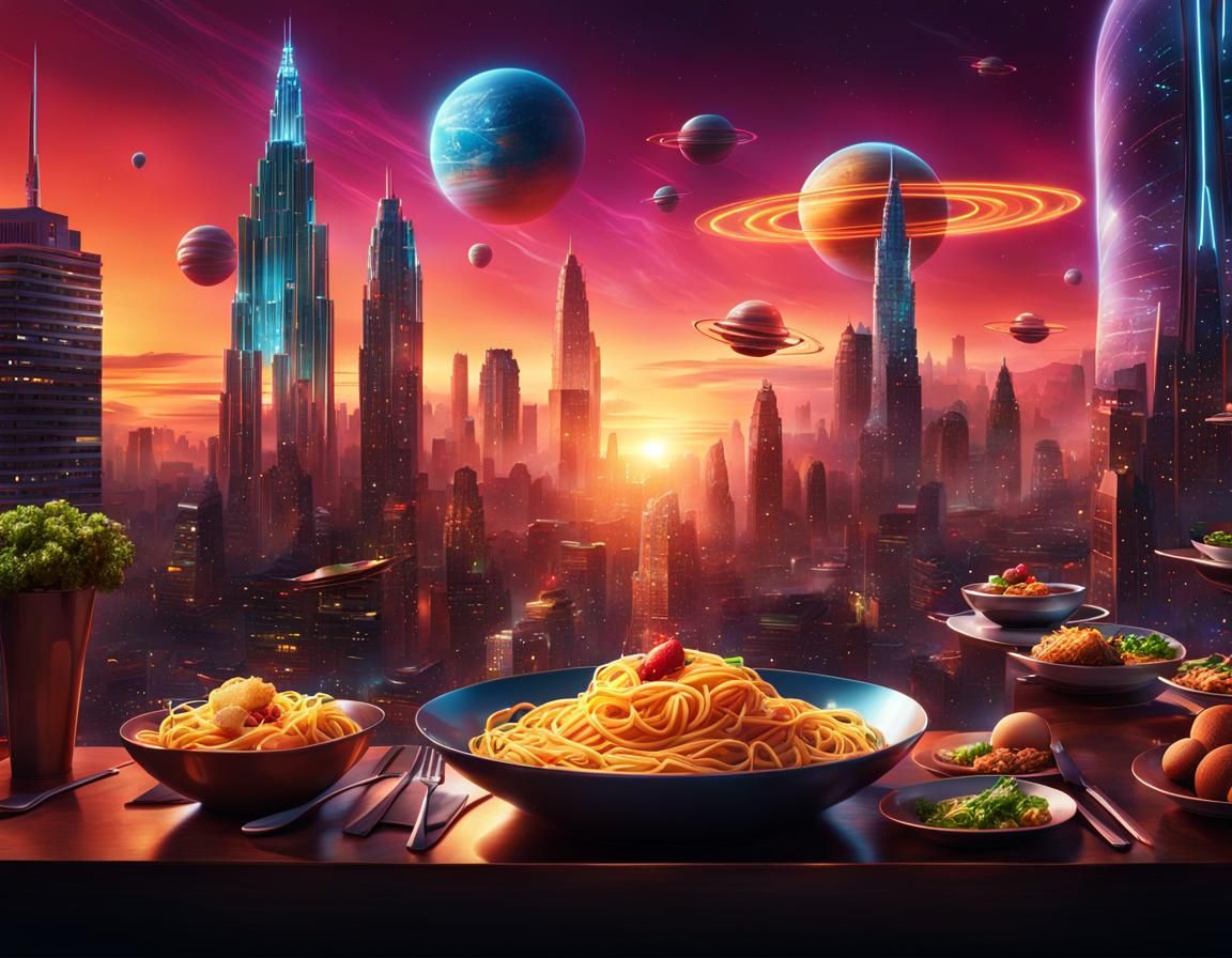 Futuristic Pasta Dishes with Neon Skyscrapers, Anime Style