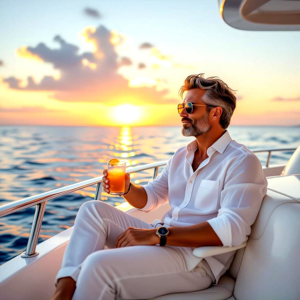 Man Enjoys Yacht Cocktail at Sunset Over Calm Ocean