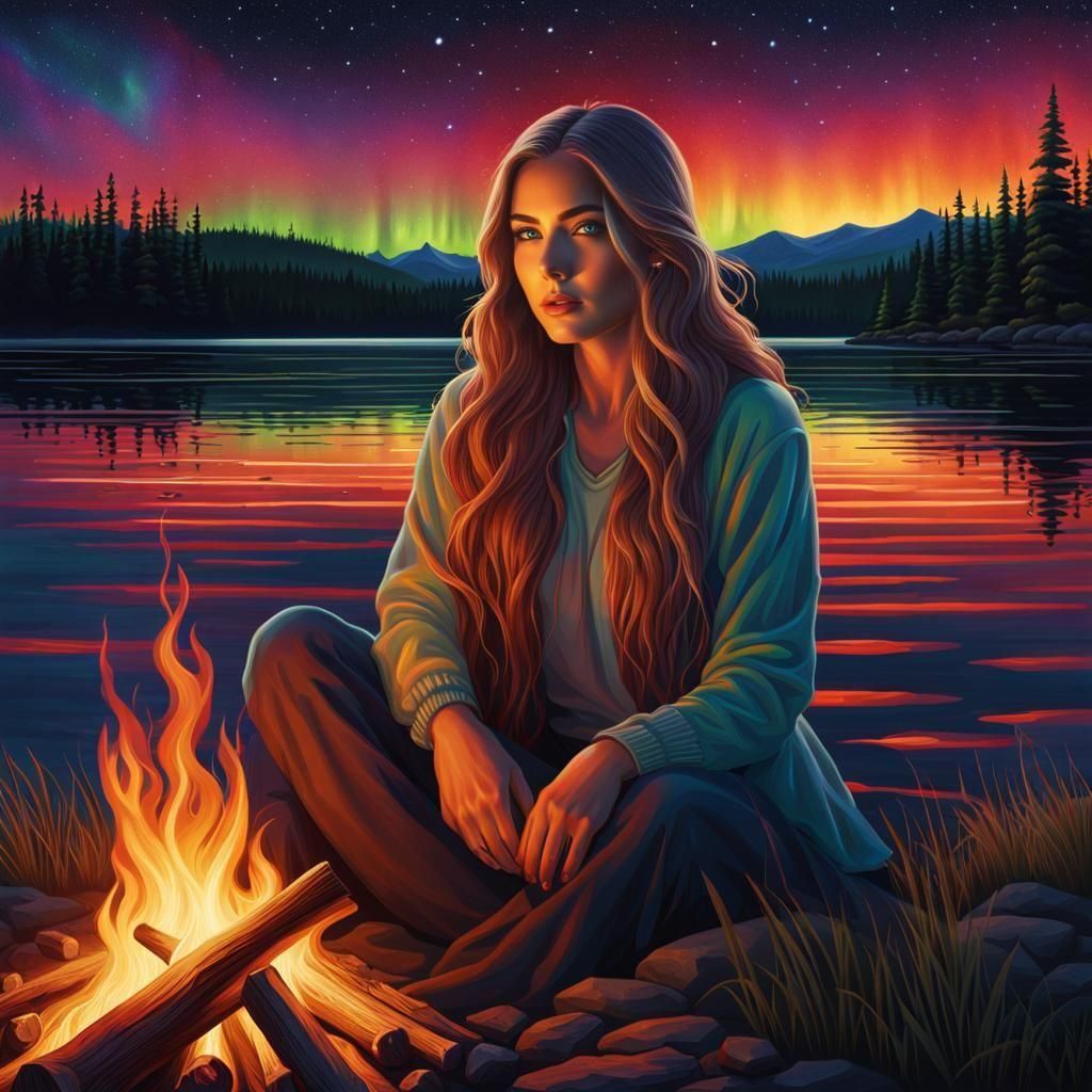 Beautiful Woman by Campfire Under Cosmic Aurora