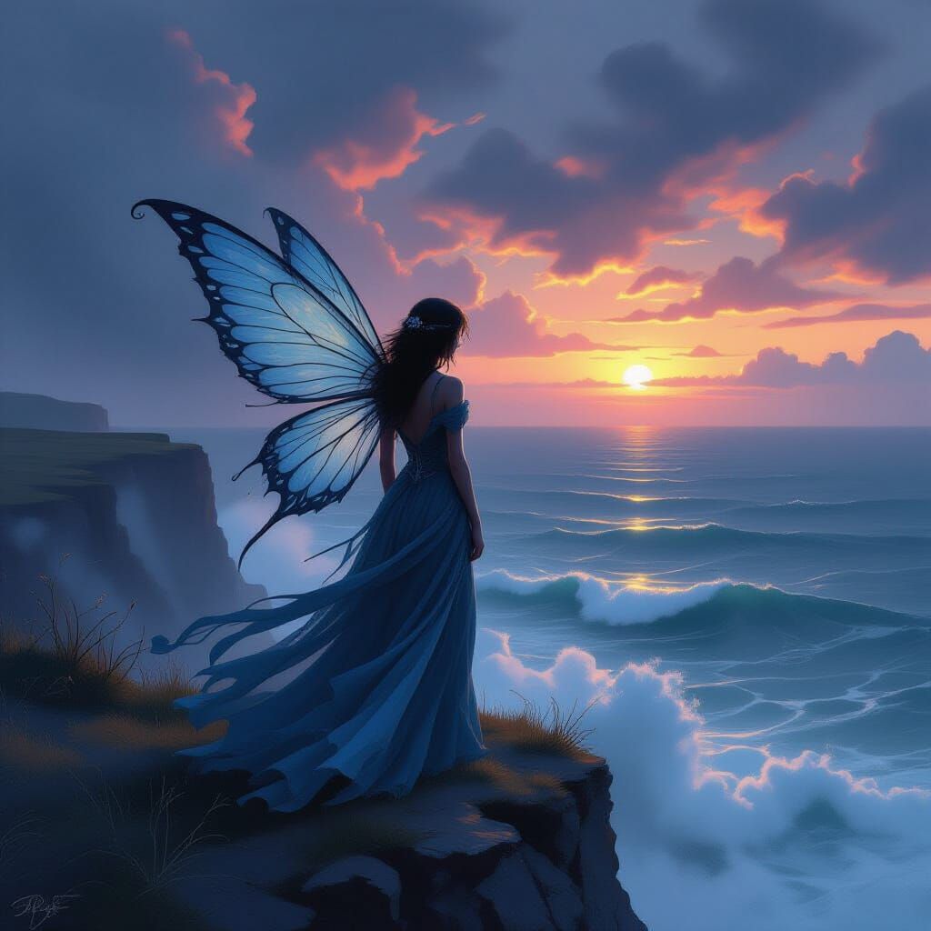 Fairy on Windswept Cliff at Twilight, Fantasy Art