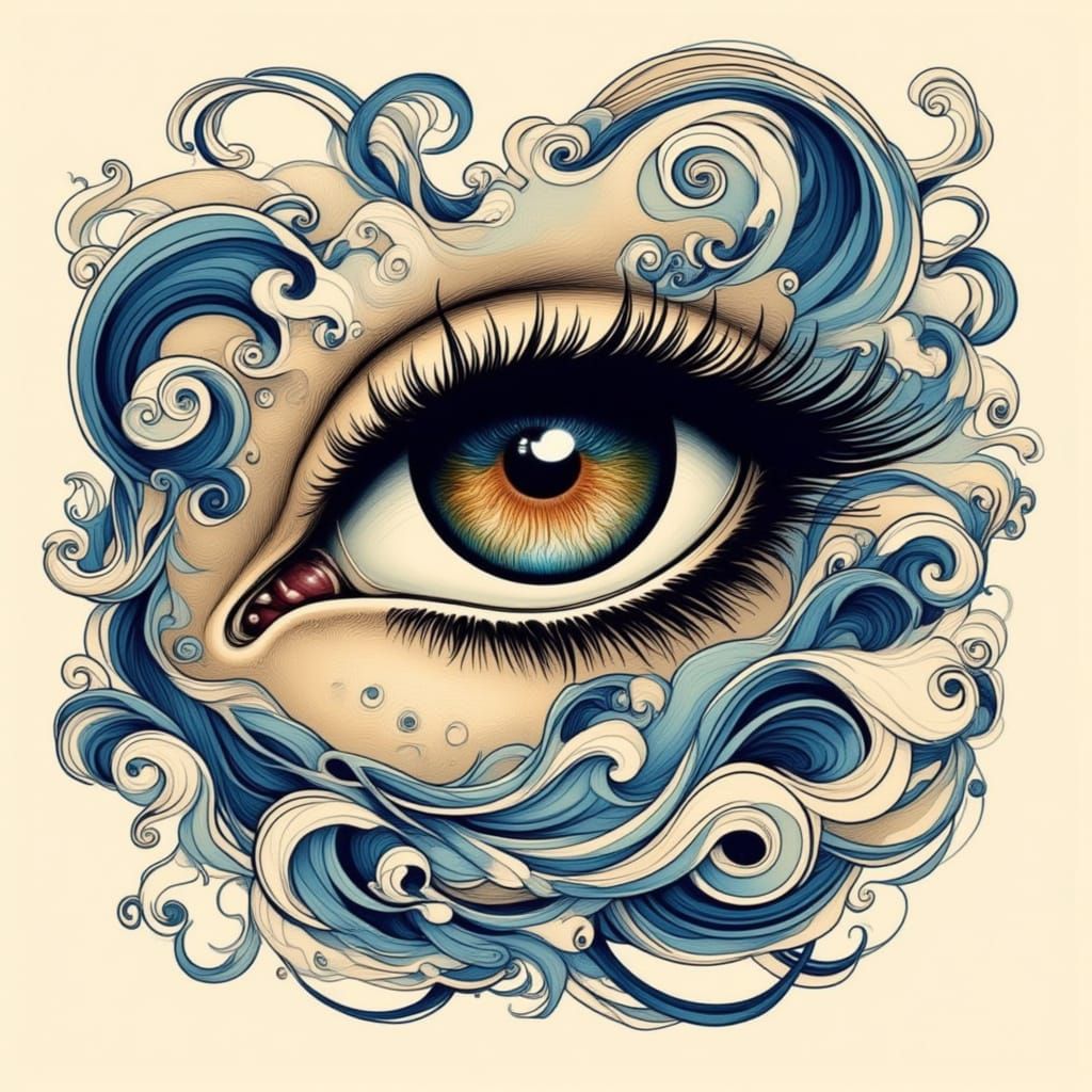 Neo-Traditional Tattoo Eye Amidst Ocean Waves