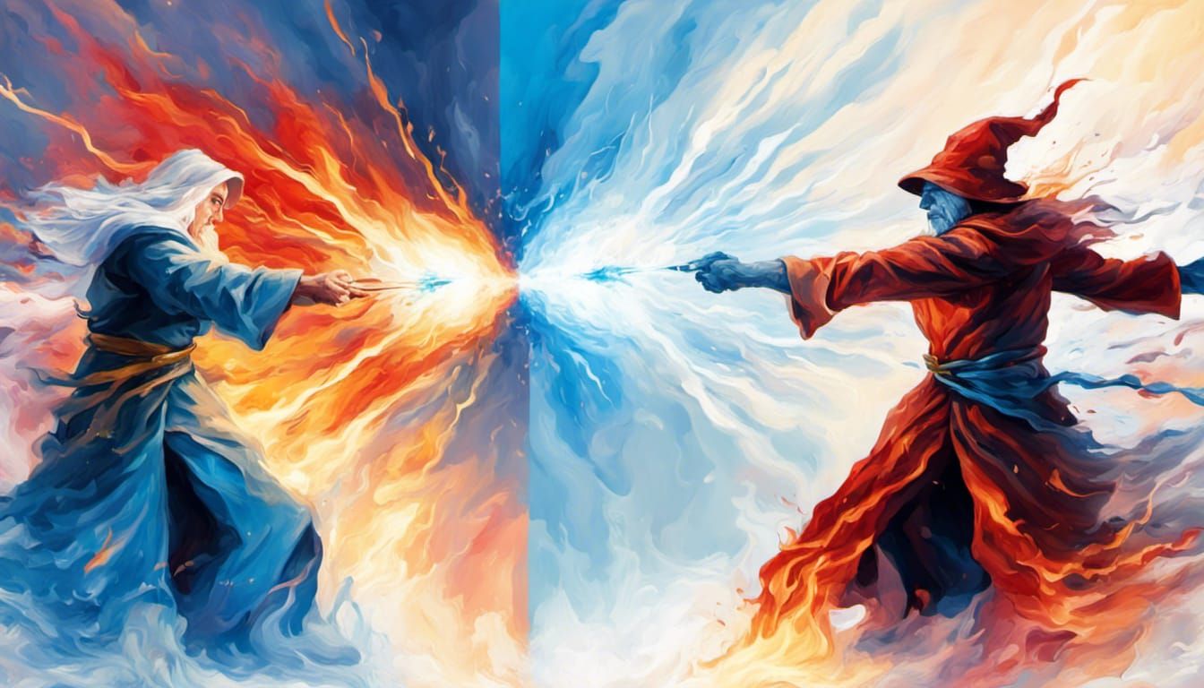 Fire and Ice Wizard Battle in Impressionistic Impasto Style