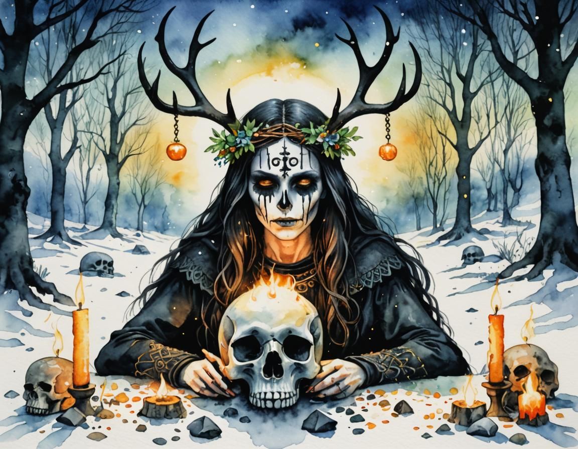 Glowing Skull with Antlers: Watercolour Imbolc Festival